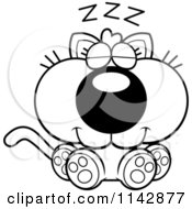 Cartoon Clipart Of A Black And White Cute Kitten Napping Vector Outlined Coloring Page