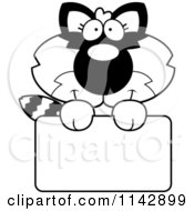 Cartoon Clipart Of A Black And White Cute Baby Raccoon Holding A Sign Vector Outlined Coloring Page