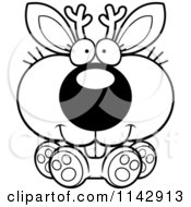 Cartoon Clipart Of A Black And White Cute Sitting Jackalope Vector Outlined Coloring Page