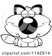 Cartoon Clipart Of A Black And White Cute Sad Fox Vector Outlined Coloring Page