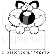 Cartoon Clipart Of A Black And White Cute Fox Holding A Sign Vector Outlined Coloring Page