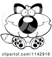 Cartoon Clipart Of A Black And White Cute Sitting Fox Vector Outlined Coloring Page