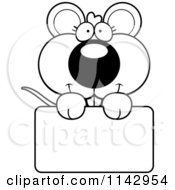 Cartoon Clipart Of A Black And White Cute Mouse Holding A Sign Vector Outlined Coloring Page