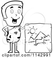 Cartoon Clipart Of A Black And White Caveman Boy Displaying A Drawing On A Tablet Vector Outlined Coloring Page