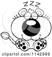 Cartoon Clipart Of A Black And White Cute Sleeping Lioness Vector Outlined Coloring Page