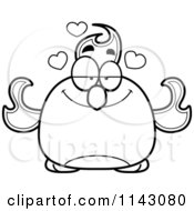 Cartoon Clipart Of A Black And White Chubby Infatuated Phoenix Fire Bird Vector Outlined Coloring Page
