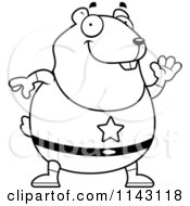 Cartoon Clipart Of A Black And White Chubby Super Hamster Waving Vector Outlined Coloring Page
