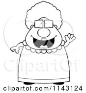 Cartoon Clipart Of A Black And White Chubby Granny Waving Vector Outlined Coloring Page