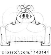 Cartoon Clipart Of A Black And White Bull Over A Banner Vector Outlined Coloring Page