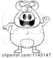 Cartoon Clipart Of A Black And White Waving Cow Vector Outlined Coloring Page