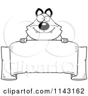 Cartoon Clipart Of A Black And White Chubby Fox Over A Banner Vector Outlined Coloring Page