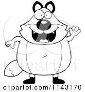 Cartoon Clipart Of A Black And White Chubby Fox Waving Vector Outlined Coloring Page