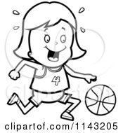 Cartoon Clipart Of A Black And White Basketball Girl Dribbling A Ball Vector Outlined Coloring Page