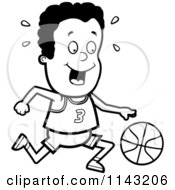 Cartoon Clipart Of A Black And White Black Basketball Boy Dribbling A Ball Vector Outlined Coloring Page