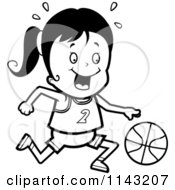Cartoon Clipart Of A Black And White Basketball Girl Dribbling A Ball Vector Outlined Coloring Page
