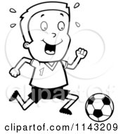 Cartoon Clipart Of A Black And White Soccer Boy Running After A Ball Vector Outlined Coloring Page