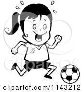 Cartoon Clipart Of A Black And White Soccer Girl Running After A Ball Vector Outlined Coloring Page