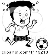 Cartoon Clipart Of A Black And White Black Soccer Girl Running After A Ball Vector Outlined Coloring Page
