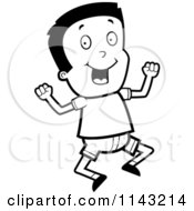 Cartoon Clipart Of A Black And White Excited Boy Jumping Vector Outlined Coloring Page