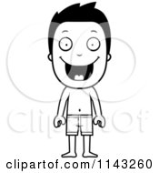 Cartoon Clipart Of A Black And White Happy Summer Boy Wearing Swim Trunks Vector Outlined Coloring Page