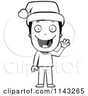 Cartoon Clipart Of A Black And White Happy Christmas Boy Wearing A Santa Hat Vector Outlined Coloring Page
