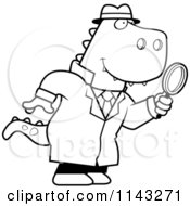 Cartoon Clipart Of A Black And White T Rex Detective Using A Magnifying Glass Vector Outlined Coloring Page