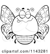 Cartoon Clipart Of A Black And White Chubby Drunk Butterfly Vector Outlined Coloring Page