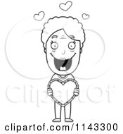 Cartoon Clipart Of A Black And White Sweet Granny Holding A Valentine Heart Vector Outlined Coloring Page