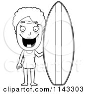 Cartoon Clipart Of A Black And White Senior Granny Woman With A Surfboard Vector Outlined Coloring Page