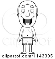 Cartoon Clipart Of A Black And White Summer Grandpa Wearing Swim Shorts Vector Outlined Coloring Page