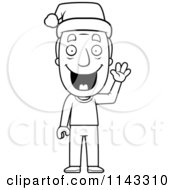 Cartoon Clipart Of A Black And White Happy Christmas Grandpa Waving And Wearing A Santa Hat Vector Outlined Coloring Page