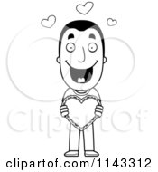 Cartoon Clipart Of A Black And White Sweet Man Holding A Valentine Heart Vector Outlined Coloring Page