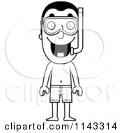 Cartoon Clipart Of A Black And White Summer Man In Swim Trunks And Snorkel Gear Vector Outlined Coloring Page