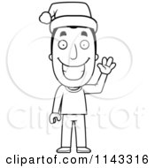 Cartoon Clipart Of A Black And White Happy Christmas Man Waving And Wearing A Santa Hat Vector Outlined Coloring Page