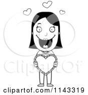 Cartoon Clipart Of A Black And White Sweet Woman Holding A Valentine Heart Vector Outlined Coloring Page