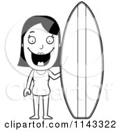 Cartoon Clipart Of A Black And White Summer Woman With A Surfboard Vector Outlined Coloring Page