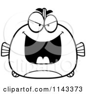 Cartoon Clipart Of A Black And White Chubby Evil Fish Vector Outlined Coloring Page