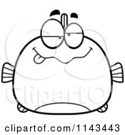 Cartoon Clipart Of A Black And White Chubby Drunk Fish Vector Outlined Coloring Page