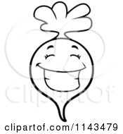 Cartoon Clipart Of A Black And White Happy Radish Character Vector Outlined Coloring Page by Cory Thoman
