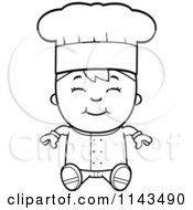 Cartoon Clipart Of A Black And White Happy Chef Boy Sitting Vector Outlined Coloring Page