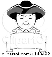 Cartoon Clipart Of A Black And White Colonial Boy Over A Blank Banner Vector Outlined Coloring Page