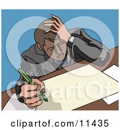Stressed Businessman Doing Paperwork At A Desk Clipart Illustration