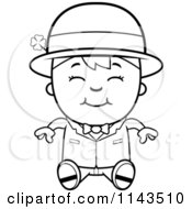 Cartoon Clipart Of A Black And White Sitting Child Leprechaun Boy Vector Outlined Coloring Page