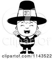 Cartoon Clipart Of A Black And White Happy Pilgrim Boy Cheering Vector Outlined Coloring Page