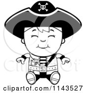 Cartoon Clipart Of A Black And White Happy Pirate Boy Sitting Vector Outlined Coloring Page