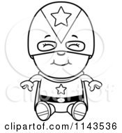 Cartoon Clipart Of A Black And White Happy Super Boy Sitting Vector Outlined Coloring Page