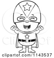 Cartoon Clipart Of A Black And White Happy Super Boy Cheering Vector Outlined Coloring Page
