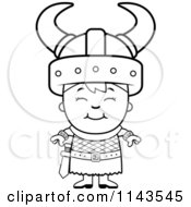 Cartoon Clipart Of A Black And White Happy Viking Boy Vector Outlined Coloring Page