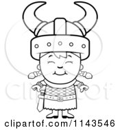 Cartoon Clipart Of A Black And White Happy Viking Girl Vector Outlined Coloring Page by Cory Thoman