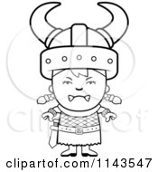 Cartoon Clipart Of A Black And White Mad Viking Girl Vector Outlined Coloring Page